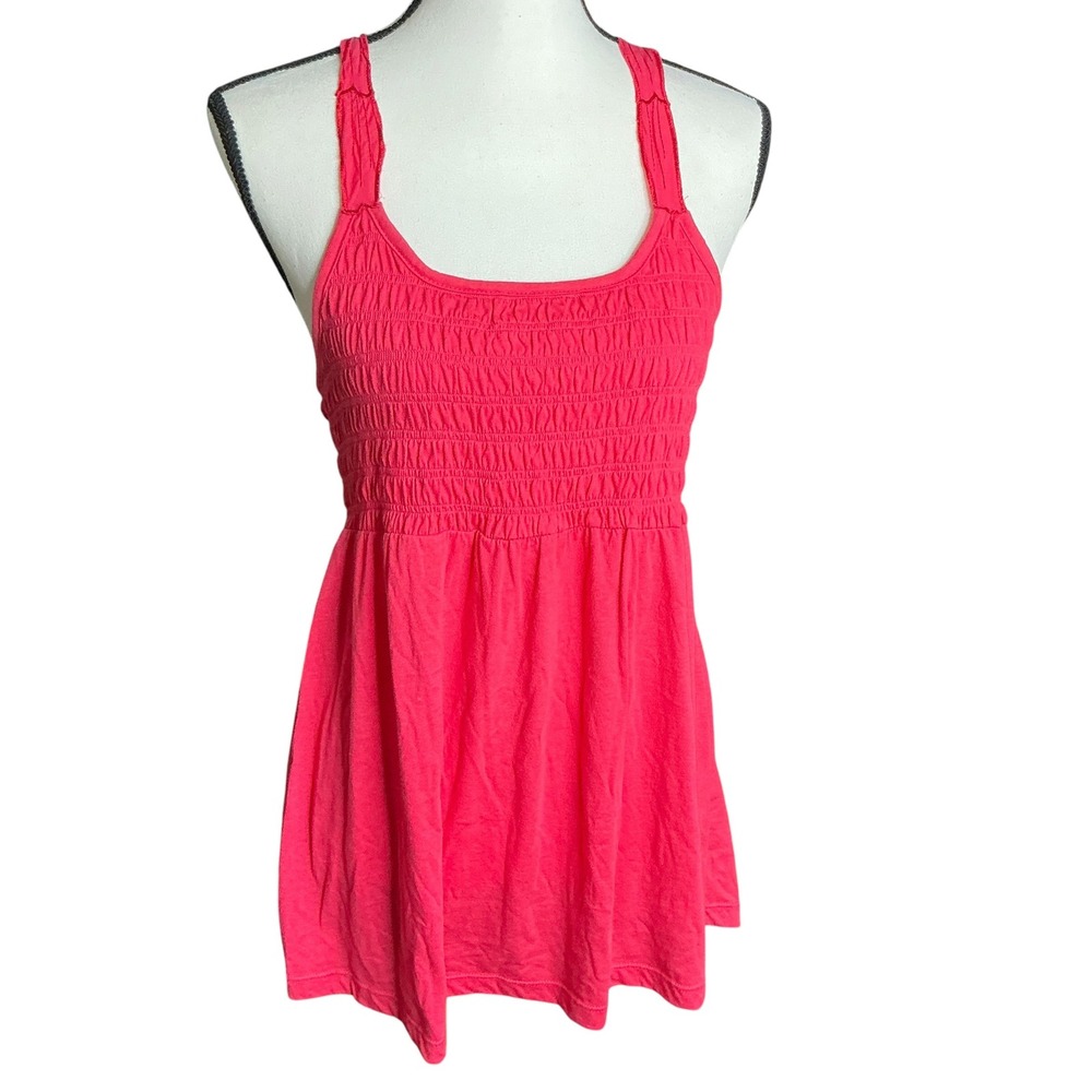 Op Pink Babydoll Tank Top Women Large Crochet Floral Back Smocked Rosette